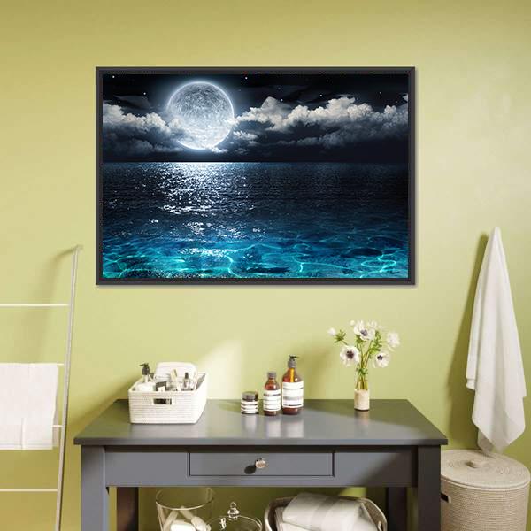 Moon On Sea At Night Canvas Wall Art-1 Piece-Framed Print-20" x 16"-Tiaracle