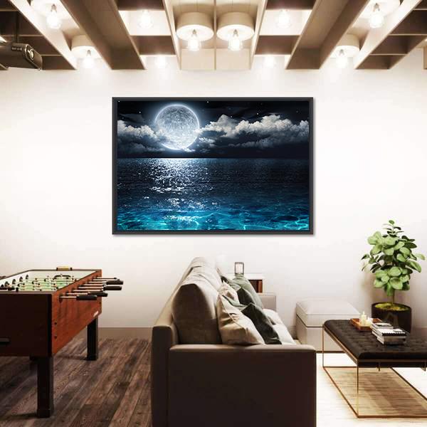 Moon On Sea At Night Canvas Wall Art-5 Horizontal-Gallery Wrap-22" x 12"-Tiaracle