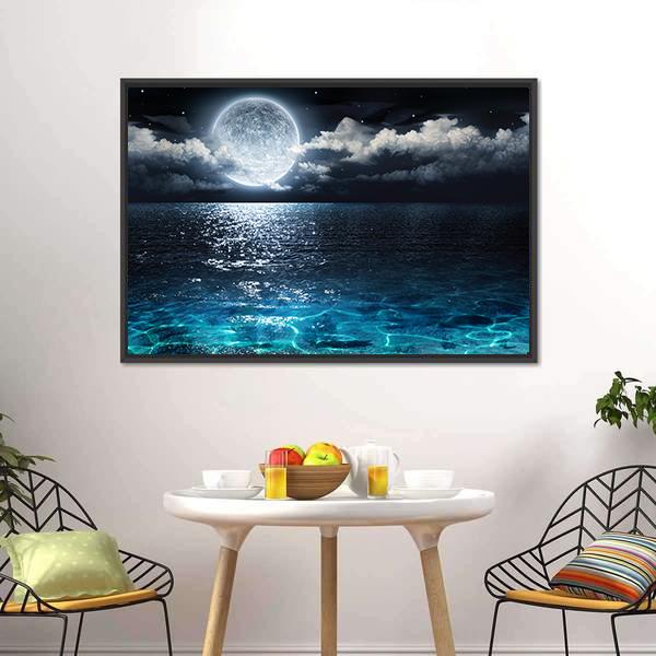 Moon On Sea At Night Canvas Wall Art-3 Horizontal-Gallery Wrap-25&quot; x 16&quot;-Tiaracle