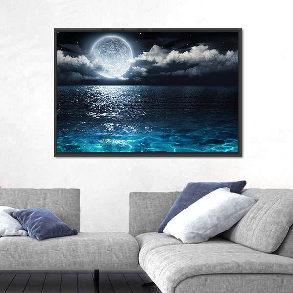 Moon On Sea At Night Canvas Wall Art-5 Horizontal-Gallery Wrap-22" x 12"-Tiaracle