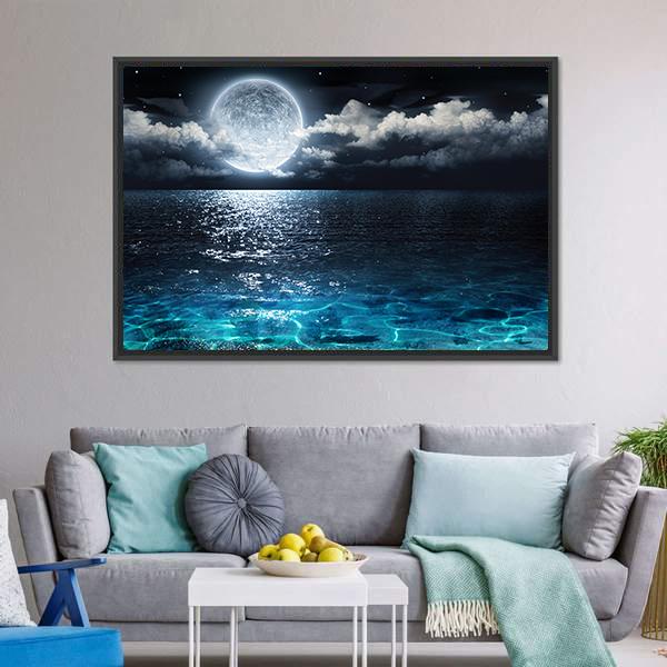 Moon On Sea At Night Canvas Wall Art-3 Horizontal-Gallery Wrap-25&quot; x 16&quot;-Tiaracle