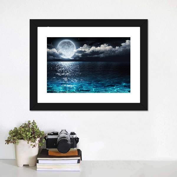 Moon On Sea At Night Canvas Wall Art-1 Piece-Floating Frame-24&quot; x 16&quot;-Tiaracle