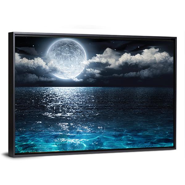 Moon On Sea At Night Canvas Wall Art-5 Horizontal-Gallery Wrap-22" x 12"-Tiaracle