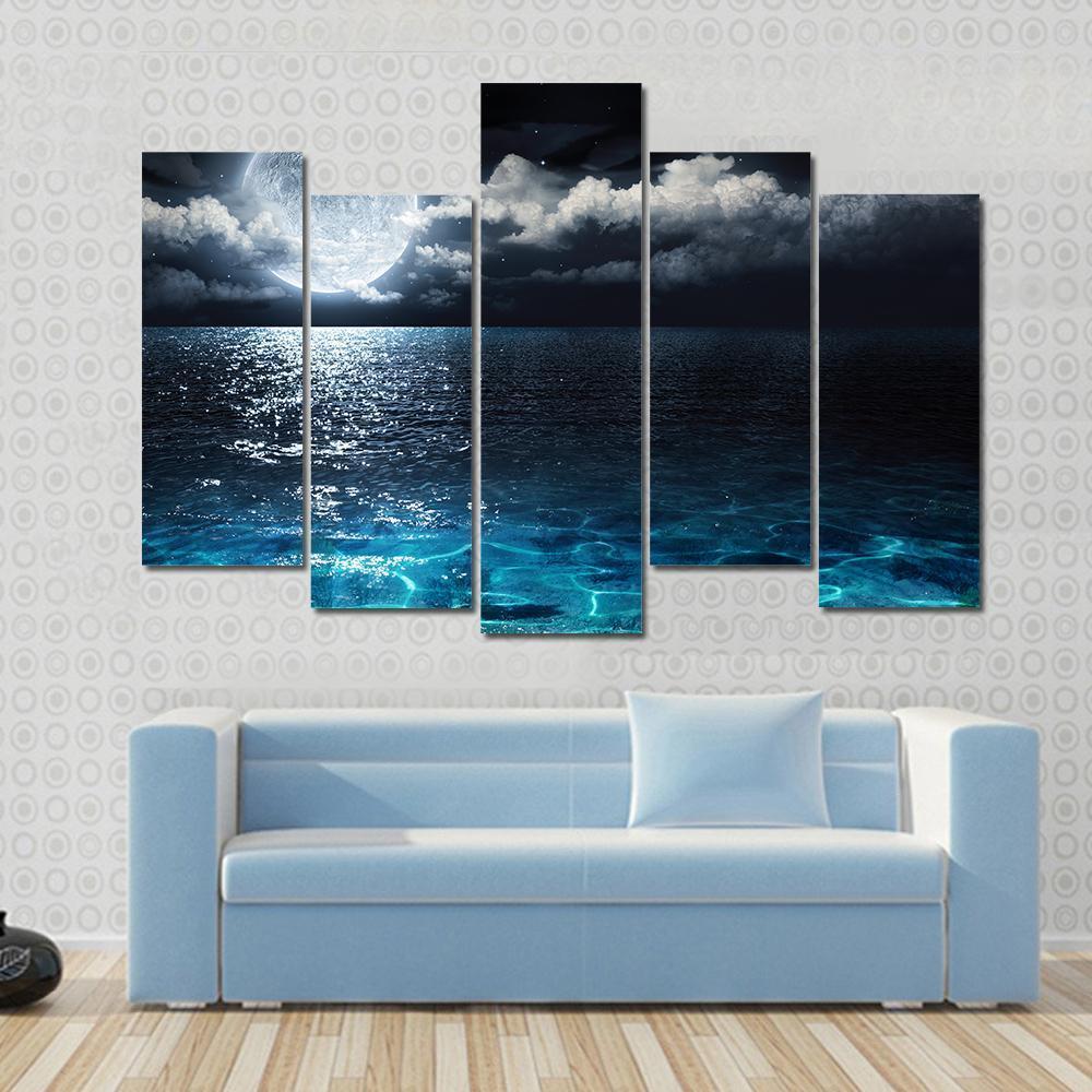 Moon On Sea At Night Canvas Wall Art-5 Pop-Gallery Wrap-47&quot; x 32&quot;-Tiaracle
