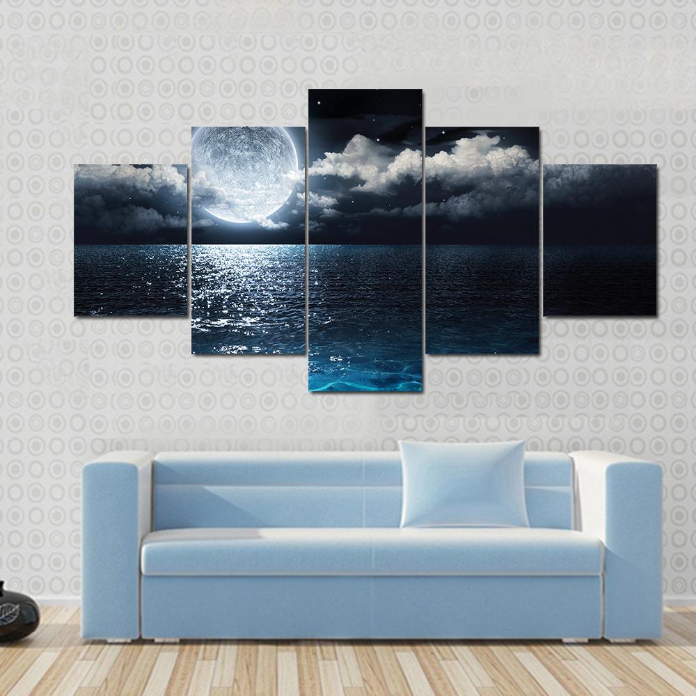 Moon On Sea At Night Canvas Wall Art-5 Star-Gallery Wrap-62&quot; x 32&quot;-Tiaracle