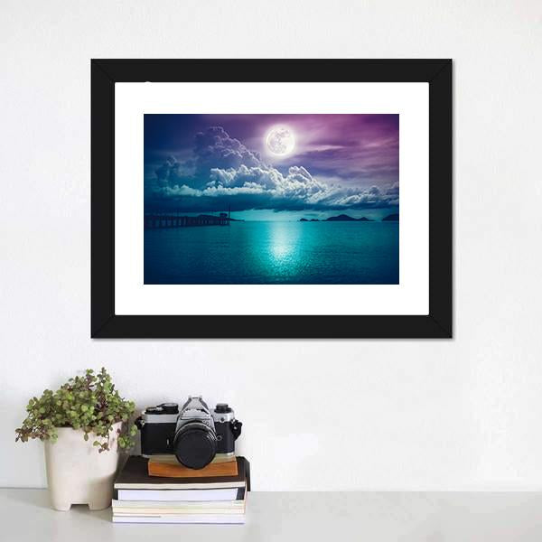 Moon On Seascape Canvas Wall Art-1 Piece-Framed Print-20" x 16"-Tiaracle