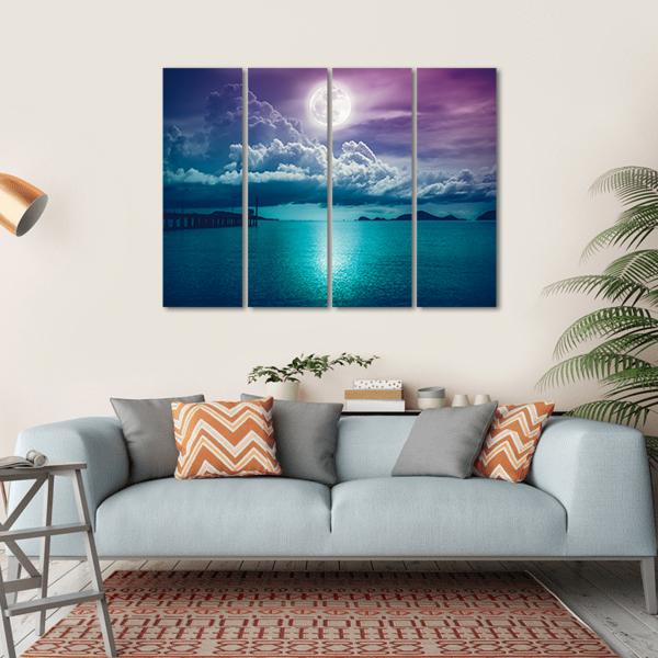 Moon On Seascape Canvas Wall Art-4 Horizontal-Gallery Wrap-34" x 24"-Tiaracle