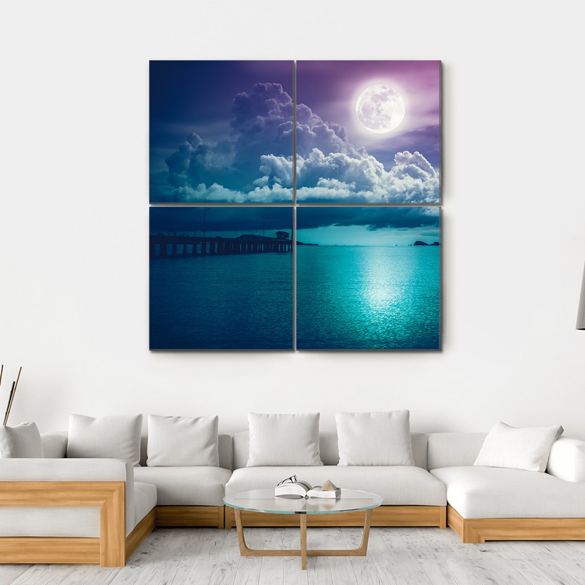 Moon On Seascape Canvas Wall Art-4 Square-Gallery Wrap-17" x 17"-Tiaracle