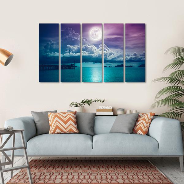Moon On Seascape Canvas Wall Art-5 Horizontal-Gallery Wrap-22" x 12"-Tiaracle