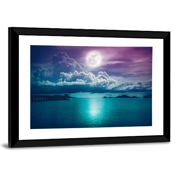 Moon On Seascape Canvas Wall Art-5 Horizontal-Gallery Wrap-22" x 12"-Tiaracle