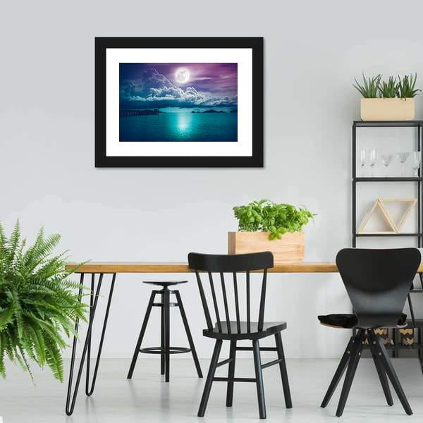 Moon On Seascape Canvas Wall Art-5 Horizontal-Gallery Wrap-22" x 12"-Tiaracle