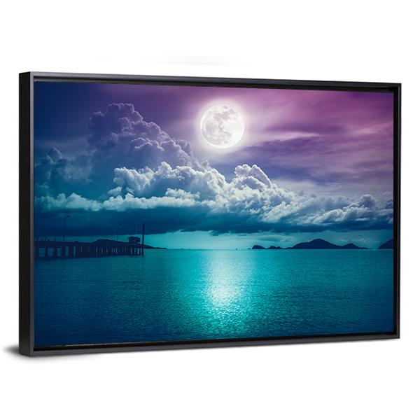 Moon On Seascape Canvas Wall Art-5 Horizontal-Gallery Wrap-22" x 12"-Tiaracle