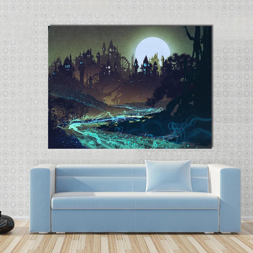 Moon Over Castle Illustration Canvas Wall Art in black, green and blue, single panel hung on a wall