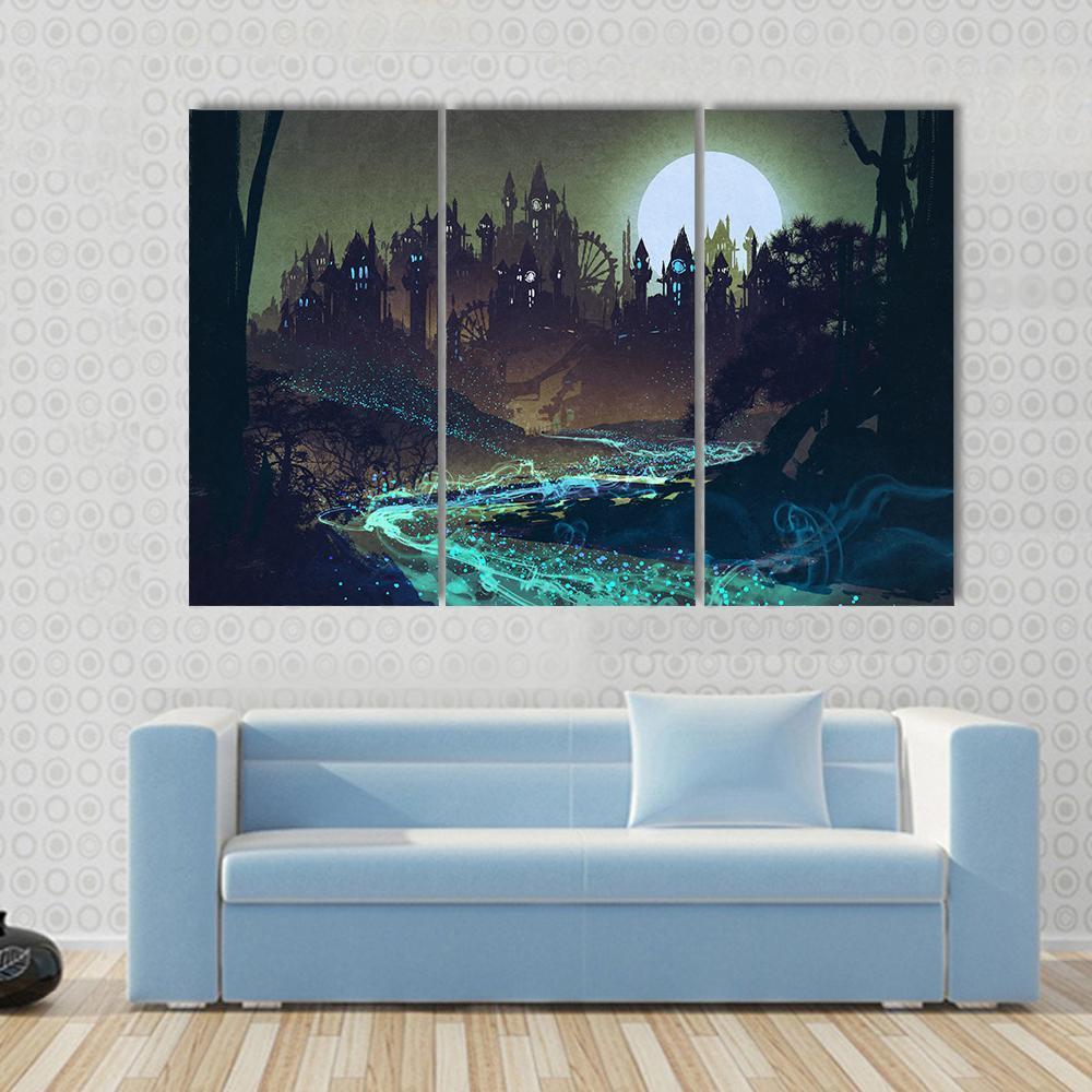 Moon Over Castle Illustration Canvas Wall Art-3 Horizontal-Gallery Wrap-37" x 24"-Tiaracle