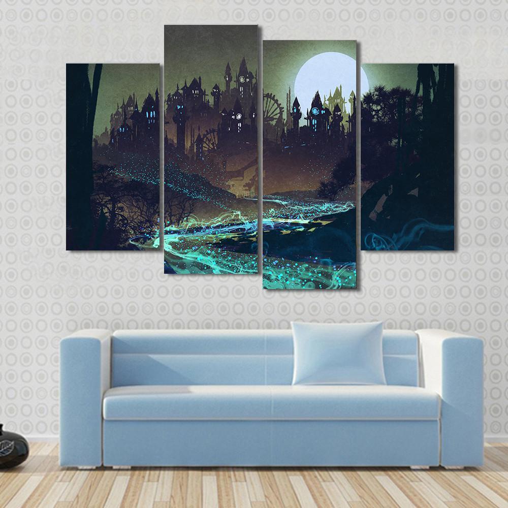 Moon Over Castle Illustration Canvas Wall Art-4 Pop-Gallery Wrap-50" x 32"-Tiaracle