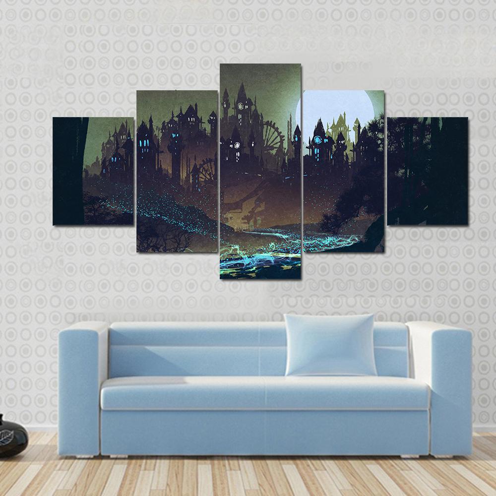 Moon Over Castle Illustration Canvas Wall Art-5 Star-Gallery Wrap-62" x 32"-Tiaracle