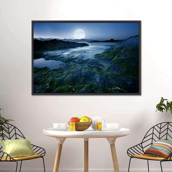 Moon Over Coast Cornwall Canvas Wall Art-1 Piece-Floating Frame-24" x 16"-Tiaracle