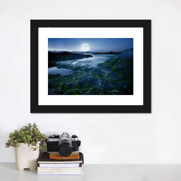 Moon Over Coast Cornwall Canvas Wall Art-1 Piece-Framed Print-20" x 16"-Tiaracle