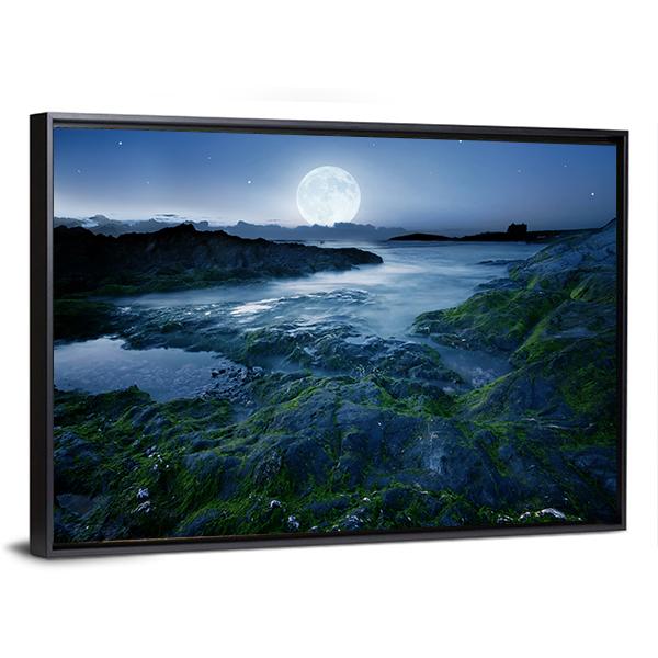 Moon Over Coast Cornwall Canvas Wall Art-5 Horizontal-Gallery Wrap-22" x 12"-Tiaracle