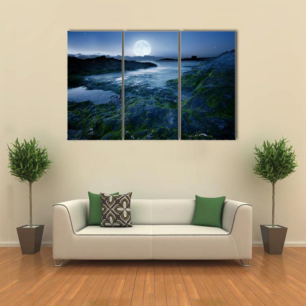 Moon Over Coast Cornwall Canvas Wall Art-3 Horizontal-Gallery Wrap-37" x 24"-Tiaracle