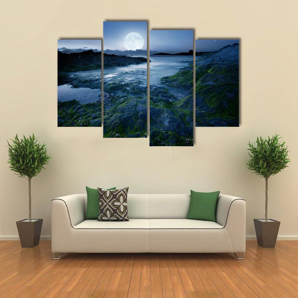 Moon Over Coast Cornwall Canvas Wall Art-4 Pop-Gallery Wrap-50" x 32"-Tiaracle