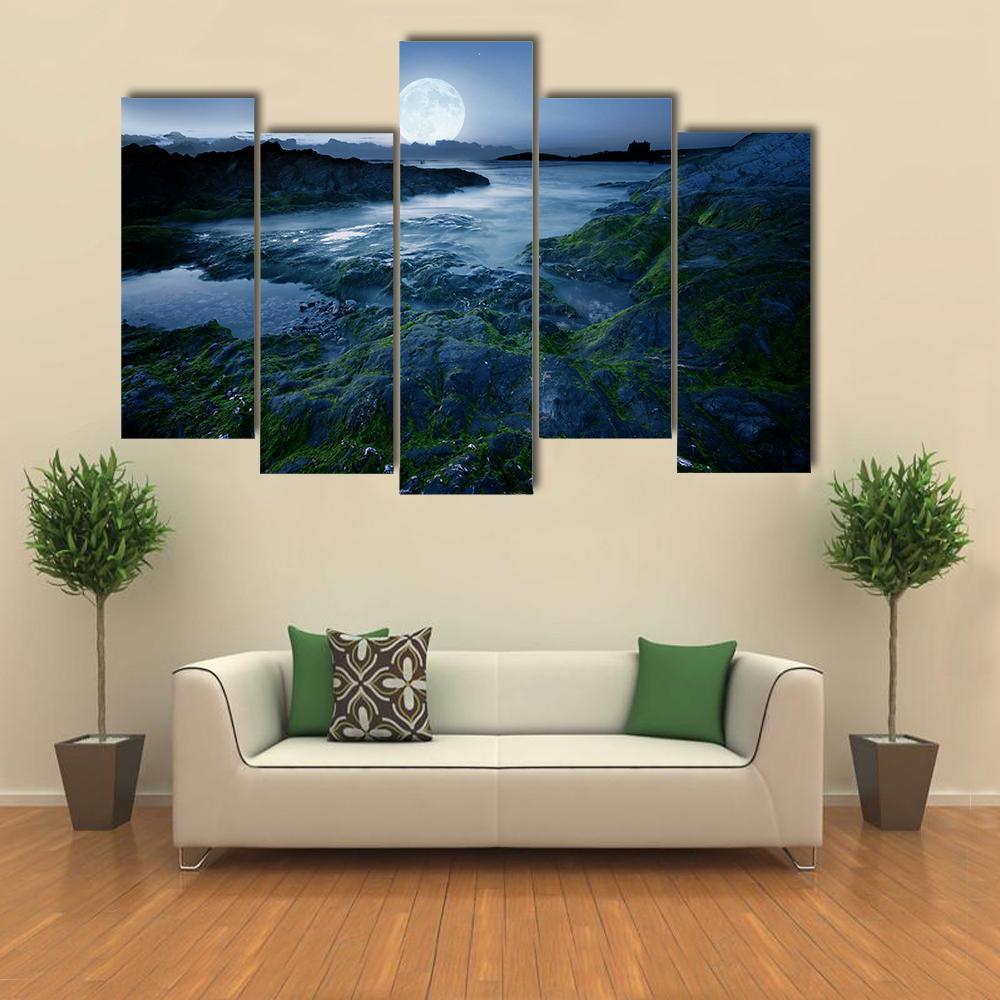 Moon Over Coast Cornwall Canvas Wall Art-5 Pop-Gallery Wrap-47" x 32"-Tiaracle