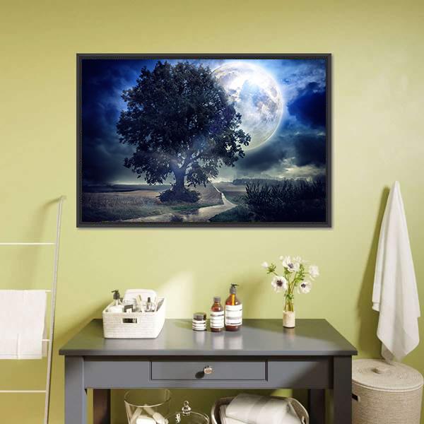Moon Over Corn Field Canvas Wall Art in black, gray and blue, framed canvas, product view on a white background