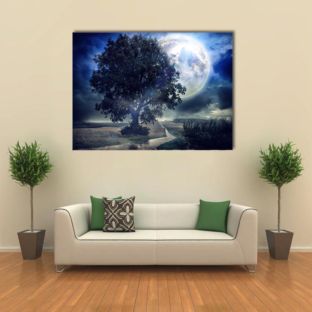 Moon Over Corn Field Canvas Wall Art in black, gray and blue, single panel hung on a wall
