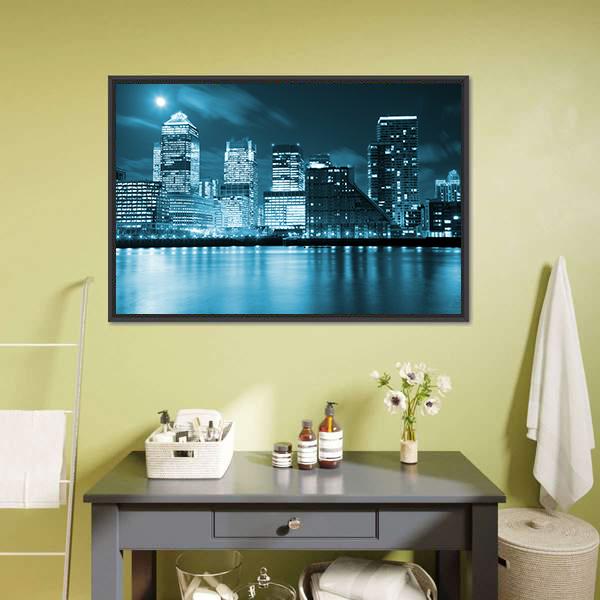 Moon Over London Skyscrapers Canvas Wall Art-1 Piece-Floating Frame-24" x 16"-Tiaracle