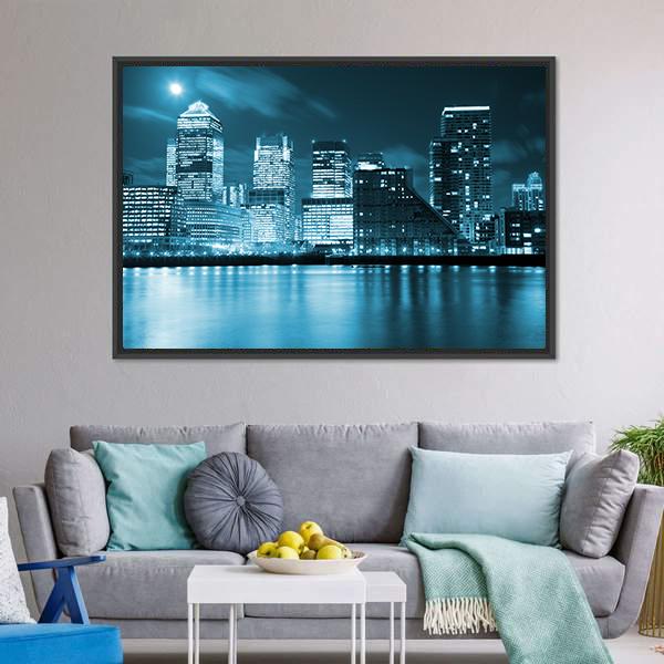 Moon Over London Skyscrapers Canvas Wall Art-3 Horizontal-Gallery Wrap-25" x 16"-Tiaracle