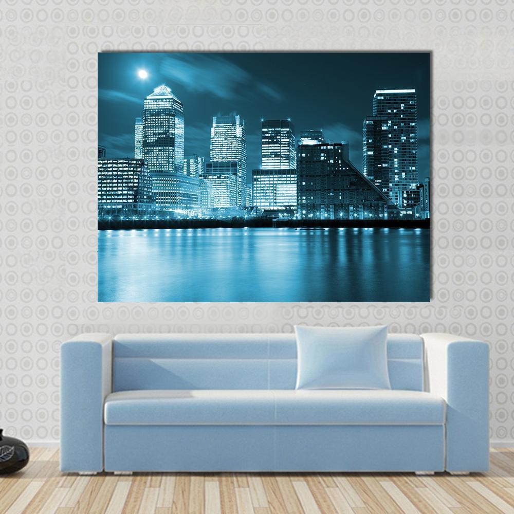 Moon Over London Skyscrapers Canvas Wall Art-1 Piece-Gallery Wrap-48" x 32"-Tiaracle
