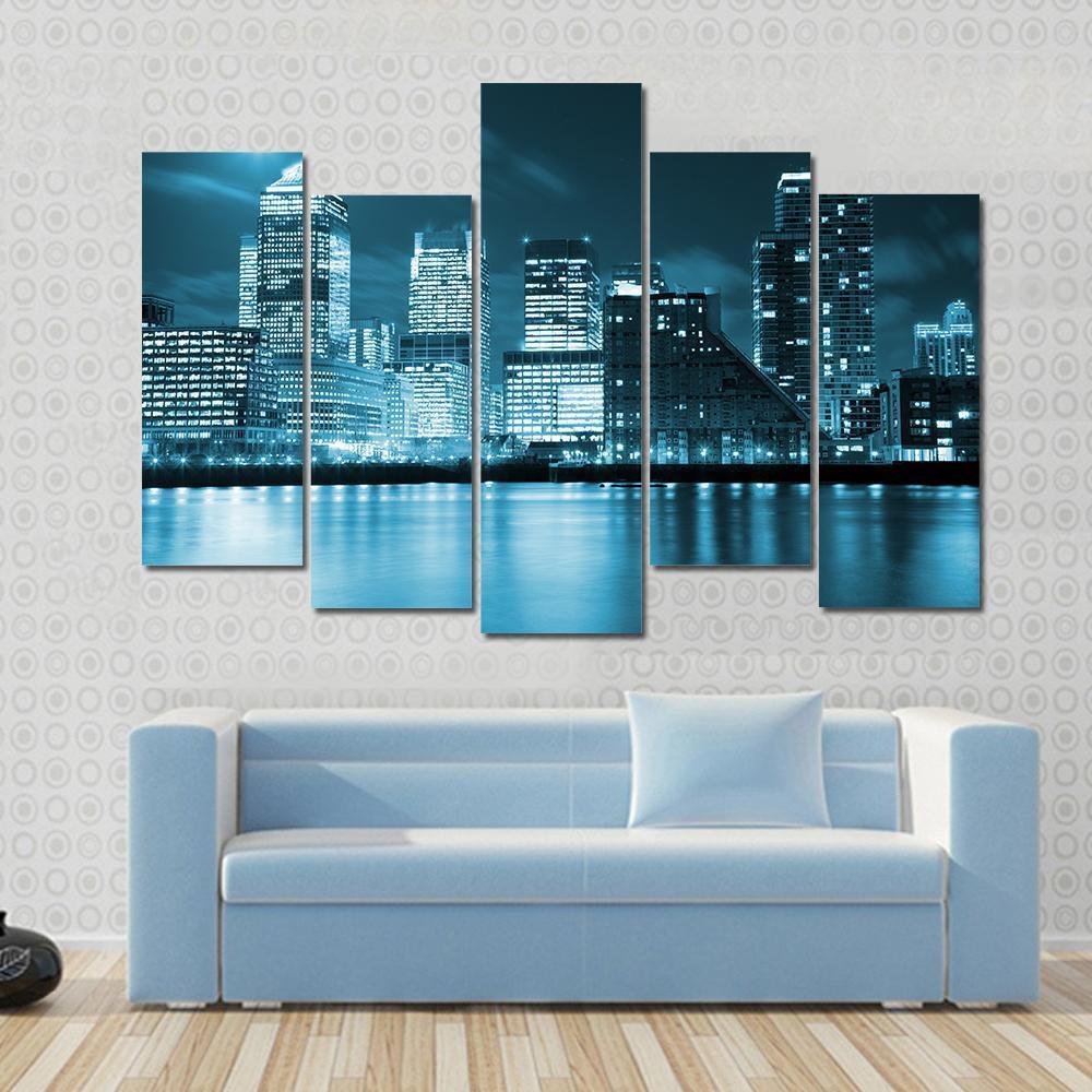 Moon Over London Skyscrapers Canvas Wall Art-5 Pop-Gallery Wrap-47" x 32"-Tiaracle