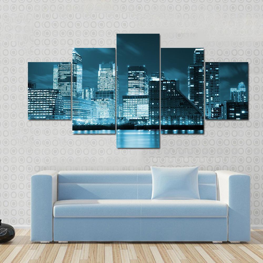Moon Over London Skyscrapers Canvas Wall Art-5 Star-Gallery Wrap-62" x 32"-Tiaracle