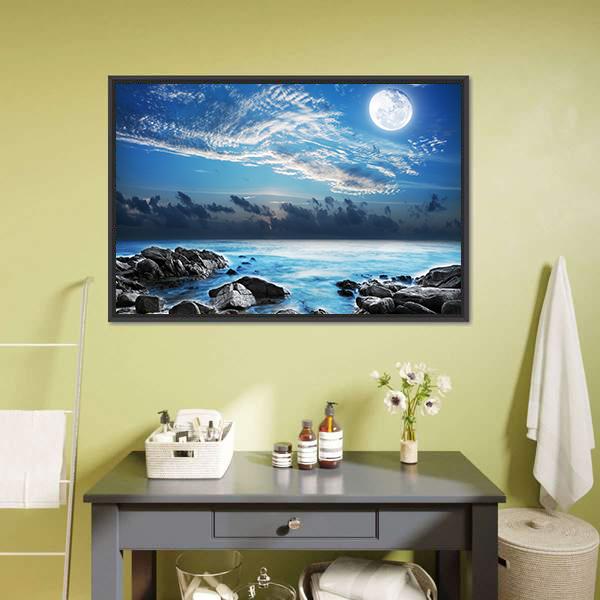 Moon Over Tropical Bay Canvas Wall Art-1 Piece-Floating Frame-36" x 24"-Tiaracle