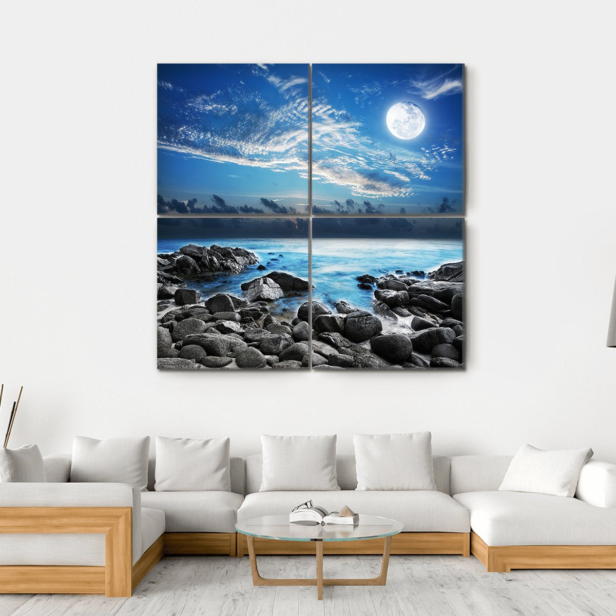 Moon Over Tropical Bay Canvas Wall Art-4 Square-Gallery Wrap-17" x 17"-Tiaracle