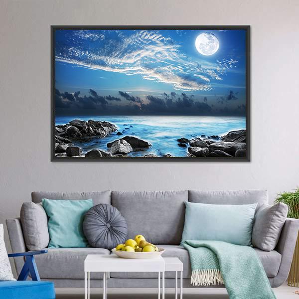 Moon Over Tropical Bay Canvas Wall Art-3 Horizontal-Gallery Wrap-25" x 16"-Tiaracle