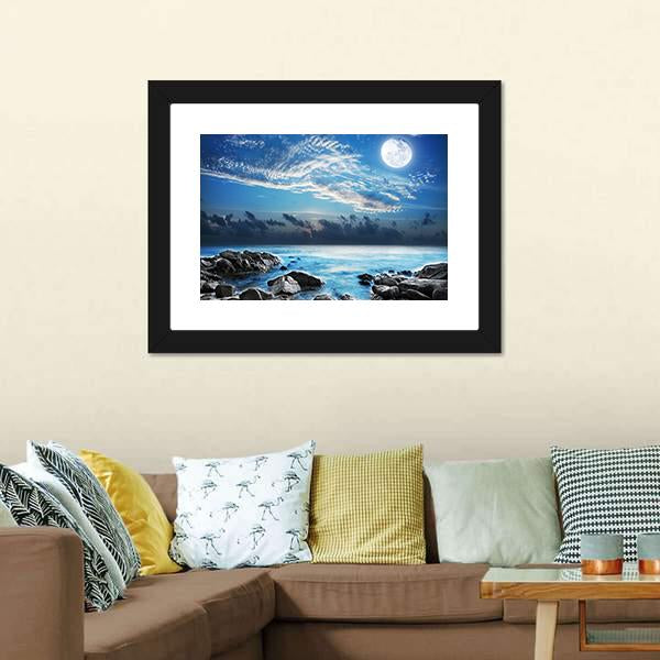 Moon Over Tropical Bay Canvas Wall Art-3 Horizontal-Gallery Wrap-25" x 16"-Tiaracle