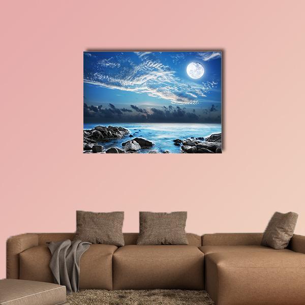 Moon Over Tropical Bay Canvas Wall Art-3 Horizontal-Gallery Wrap-37" x 24"-Tiaracle