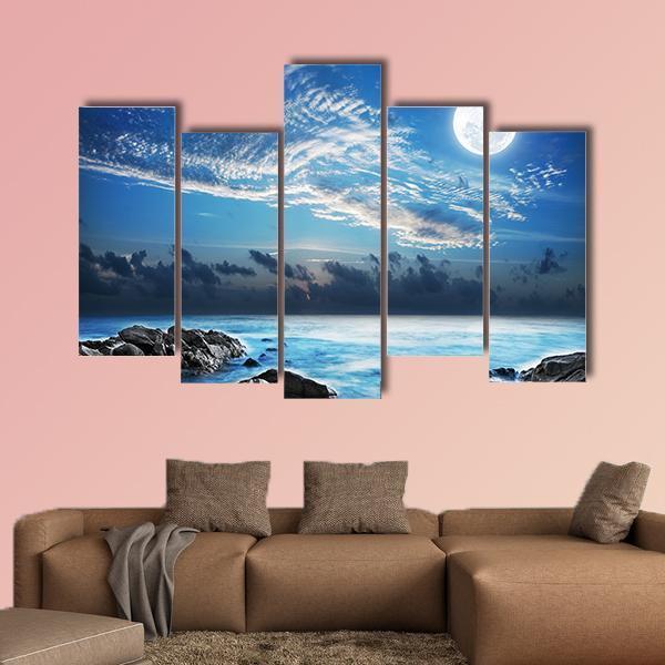 Moon Over Tropical Bay Canvas Wall Art-5 Pop-Gallery Wrap-47" x 32"-Tiaracle