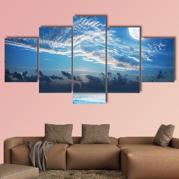 Moon Over Tropical Bay Canvas Wall Art-5 Star-Gallery Wrap-62" x 32"-Tiaracle