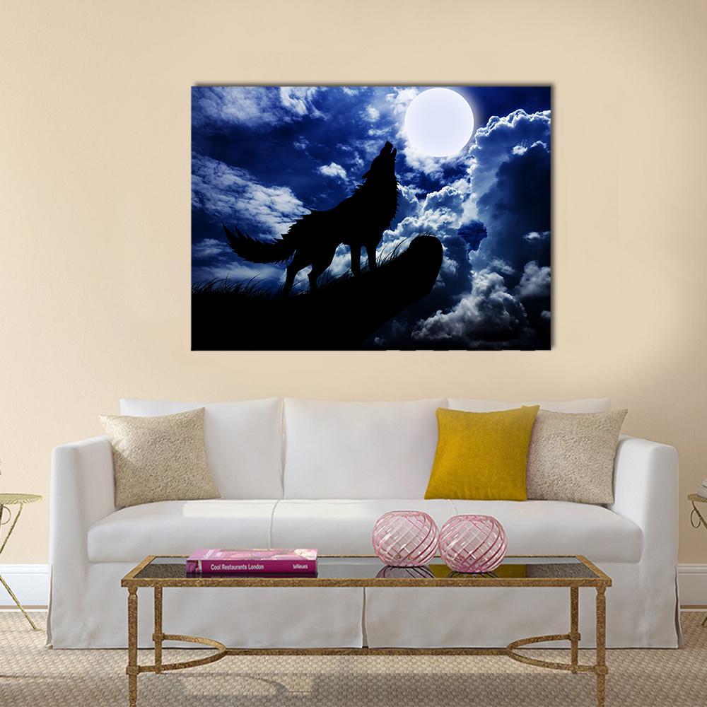 Wolf Howling Under Full Moon Canvas Wall Art in black, white and blue, single panel hung on a wall