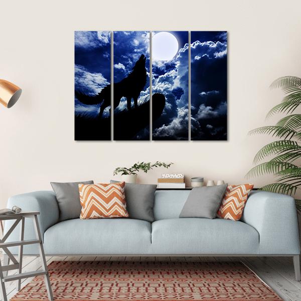 Wolf Howling Under Moon Canvas Wall Art-4 Horizontal-Gallery Wrap-34&quot; x 24&quot;-Tiaracle