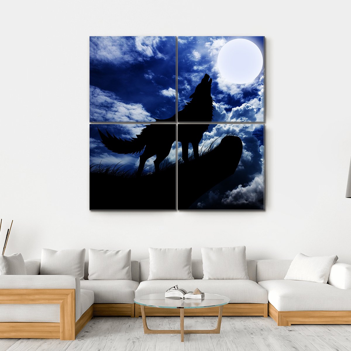 Wolf Howling Under Moon Canvas Wall Art-4 Square-Gallery Wrap-17&quot; x 17&quot;-Tiaracle