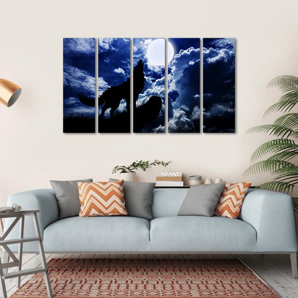 Wolf Howling Under Moon Canvas Wall Art-5 Horizontal-Gallery Wrap-22&quot; x 12&quot;-Tiaracle
