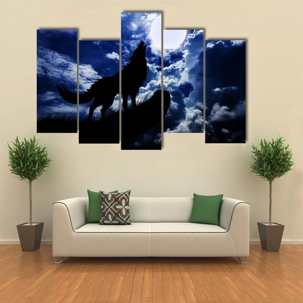 Wolf Howling Under Moon Canvas Wall Art-5 Pop-Gallery Wrap-47&quot; x 32&quot;-Tiaracle