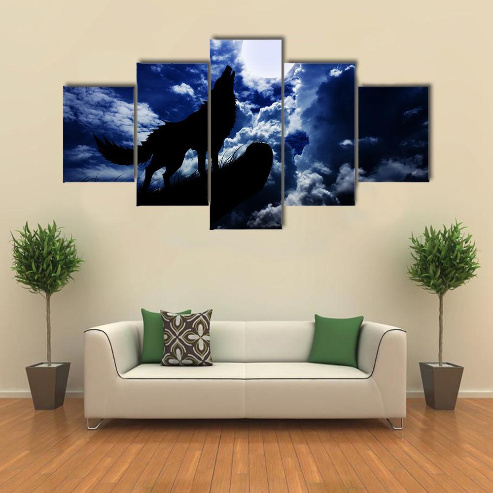 Wolf Howling Under Moon Canvas Wall Art-5 Star-Gallery Wrap-62" x 32"-Tiaracle