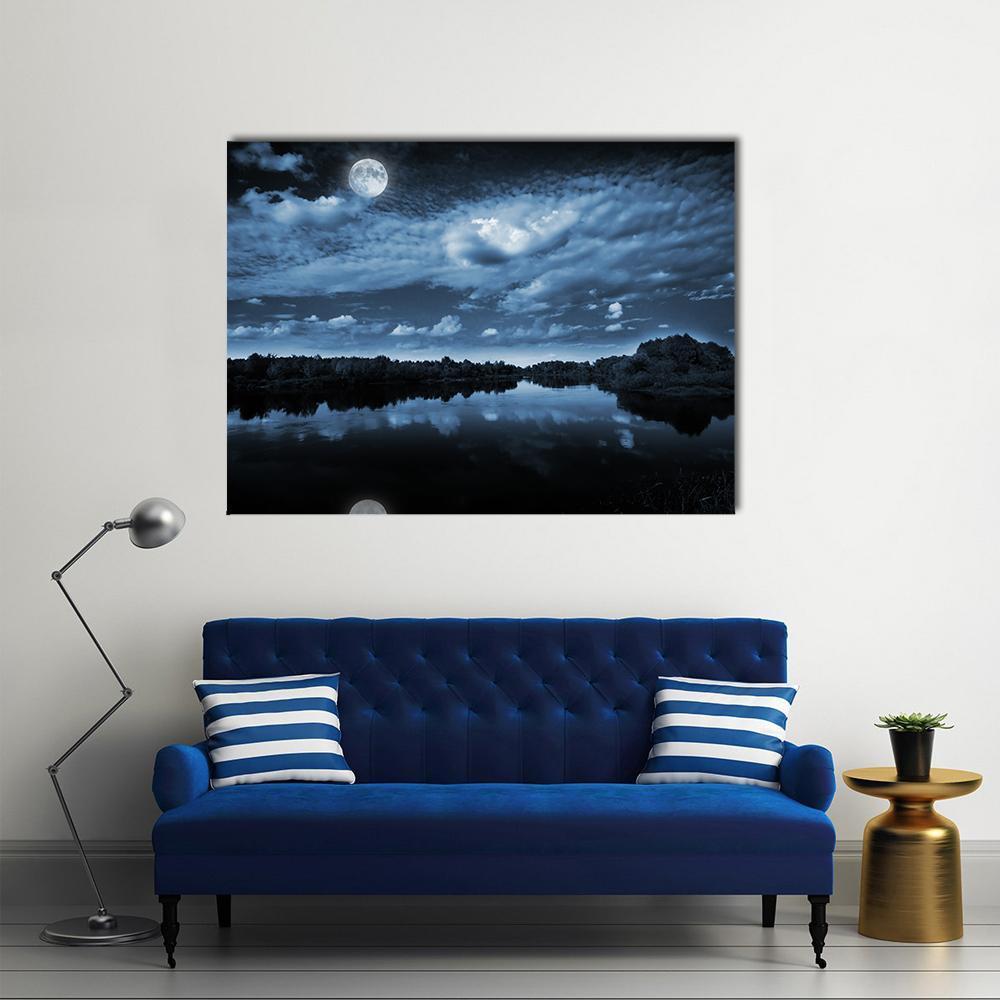 Moon Reflecting In Lake Canvas Wall Art-1 Piece-Gallery Wrap-48" x 32"-Tiaracle