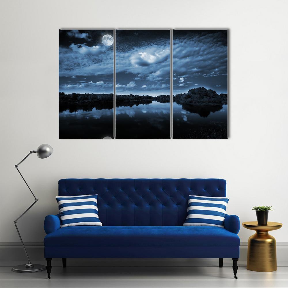 Moon Reflecting In Lake Canvas Wall Art-3 Horizontal-Gallery Wrap-37" x 24"-Tiaracle