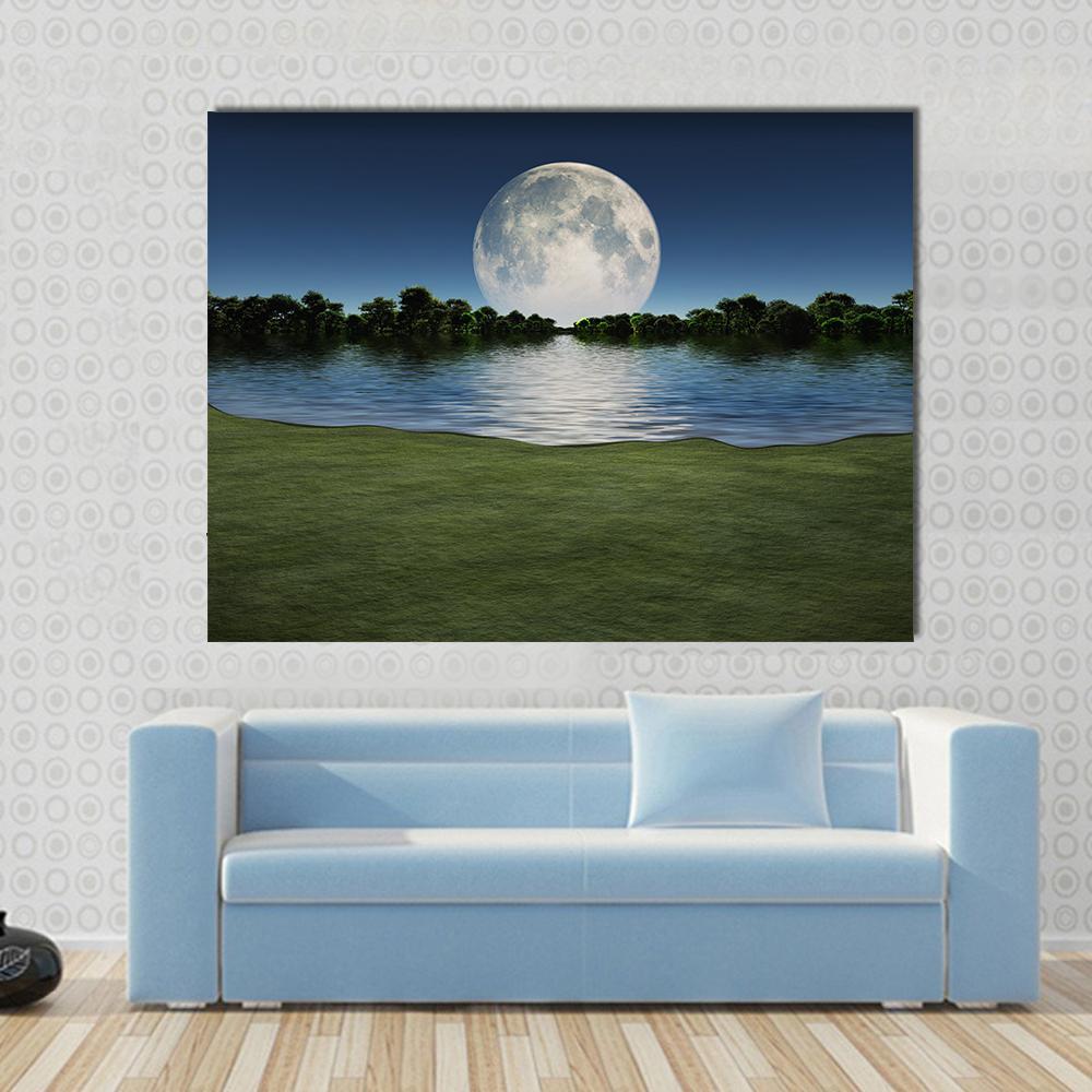 Moon Rise Over Lake Canvas Wall Art in gray, green and blue, single panel hung on a wall