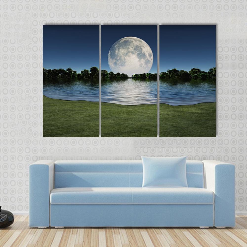 Moon Rise Over Lake Canvas Wall Art-3 Horizontal-Gallery Wrap-37" x 24"-Tiaracle